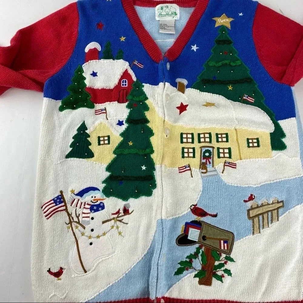 Quacker Factory Embellished Patriotic Christmas Angel Cardigan Sweater Medium